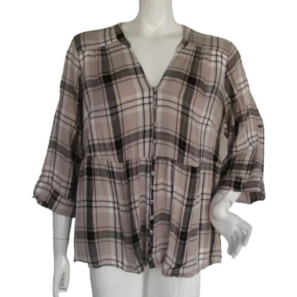 TORRID Top, 2/2XL, Tan Plaid, Roll Cuffs/Strap, Cloth covered buttons - Picture 2 of 12